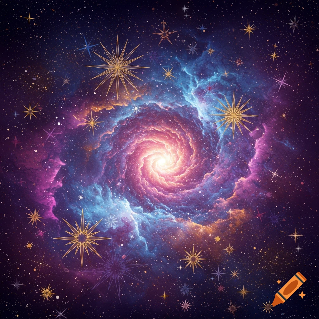 Colorful swirling galaxy with scattered decorative stars