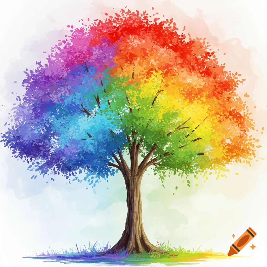 A colorful tree with rainbow leaves, painted in a watercolor style.