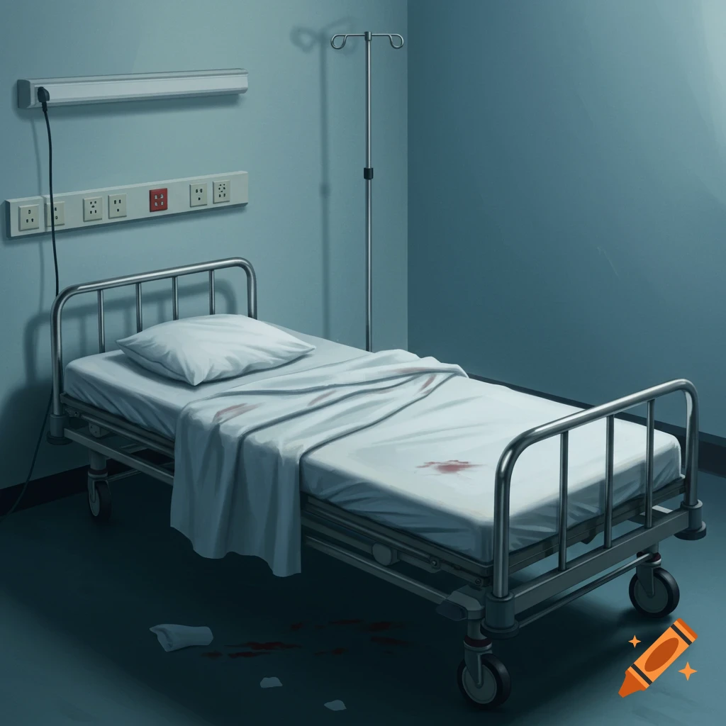 An empty hospital bed with bloodstains sits in a dark room.