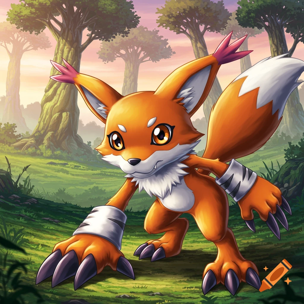 An orange anime fox-like creature stands in a forest clearing.