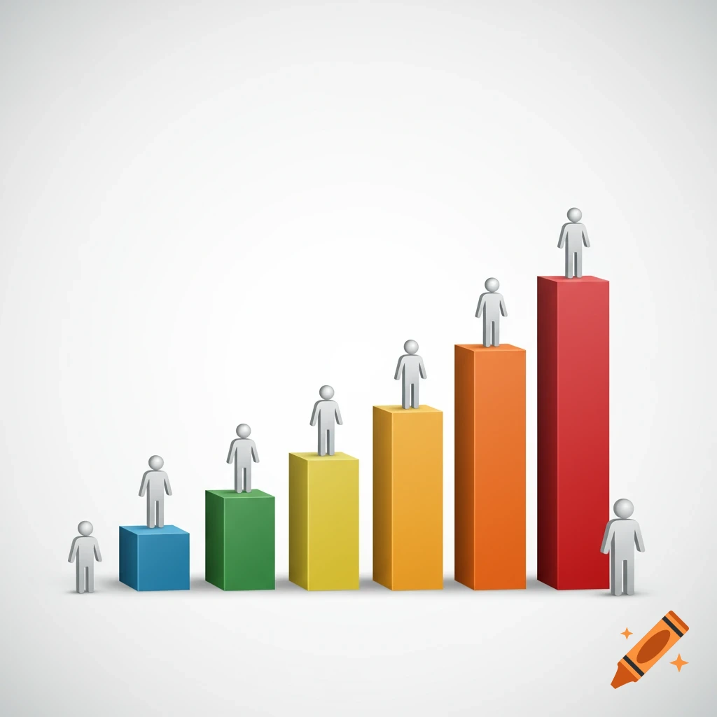 A 3D bar graph showing growth, with stick figures on each bar.