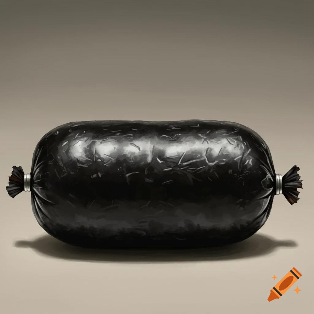 A black sausage on a beige background.