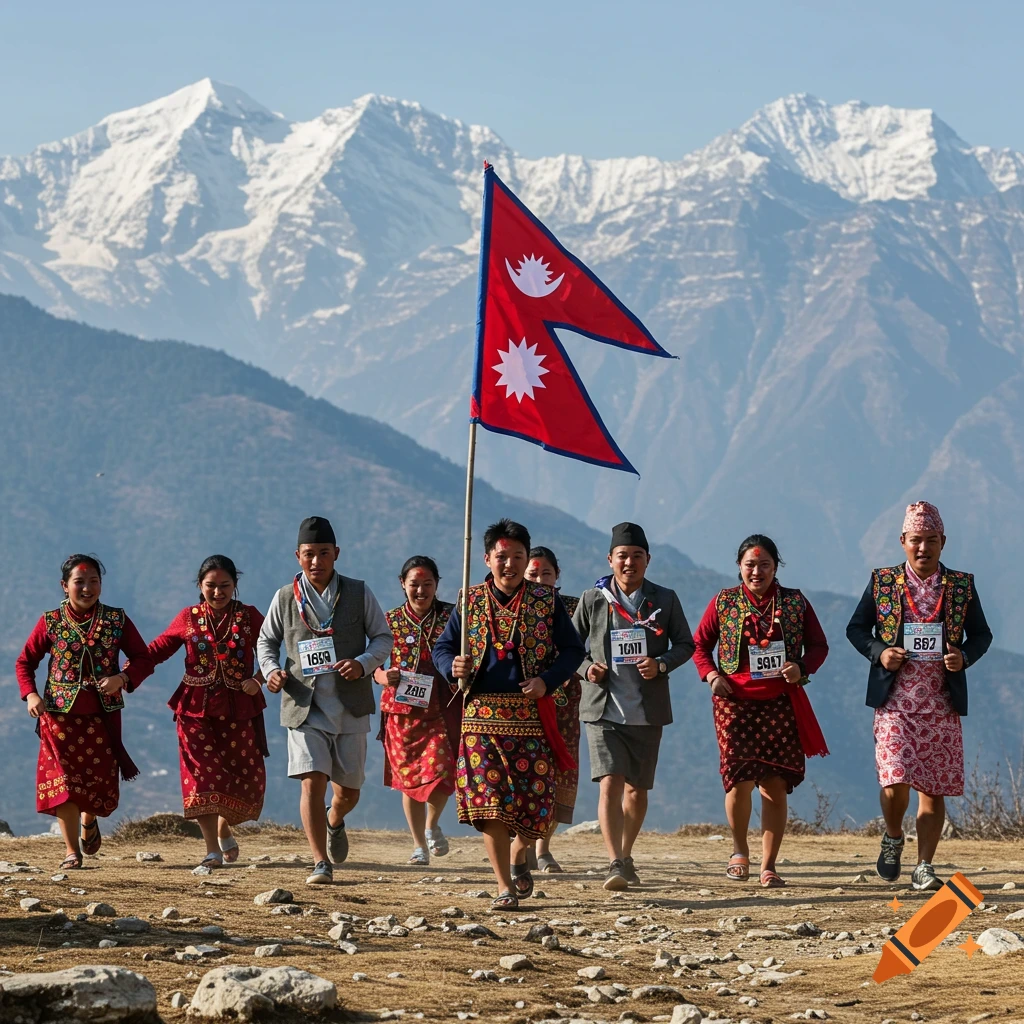 Group in traditional attire running with Nepal flag in front of mountains.