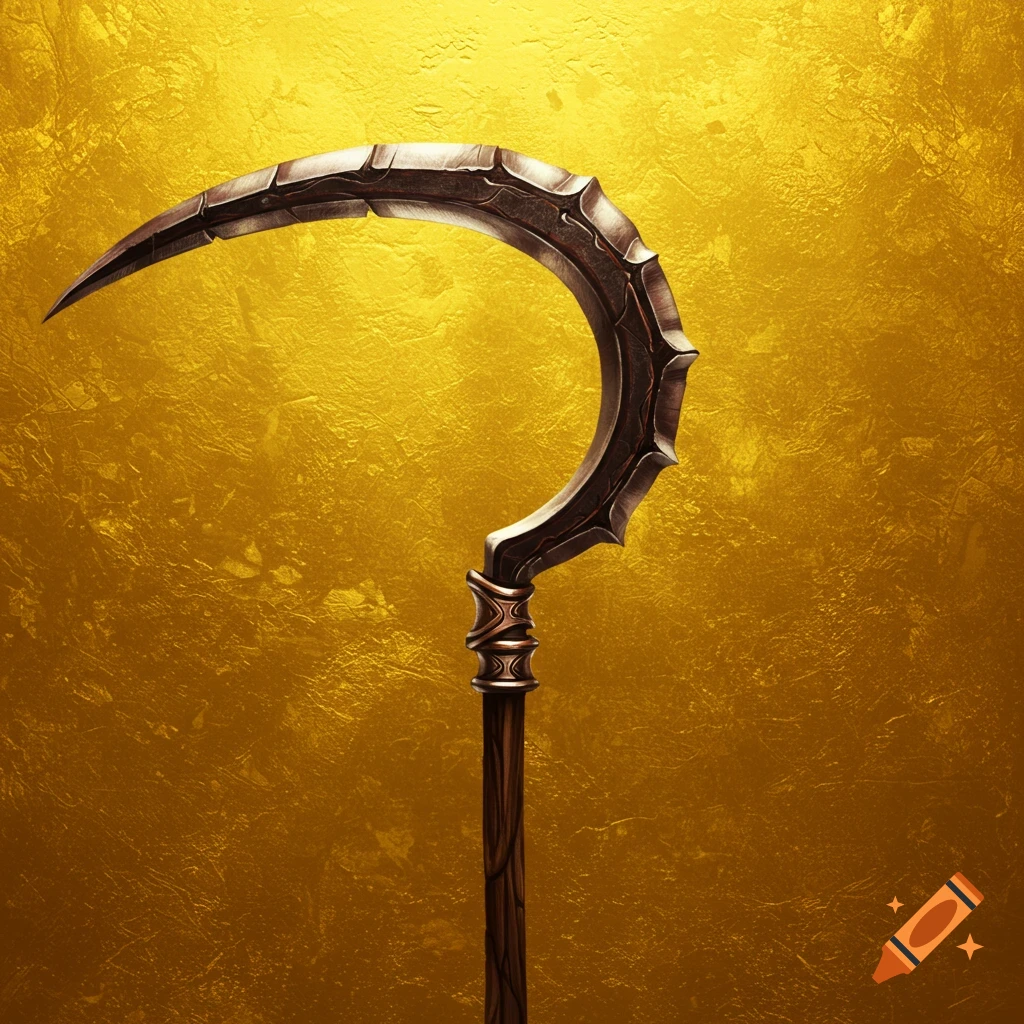 A fantasy sickle weapon against a textured gold background.