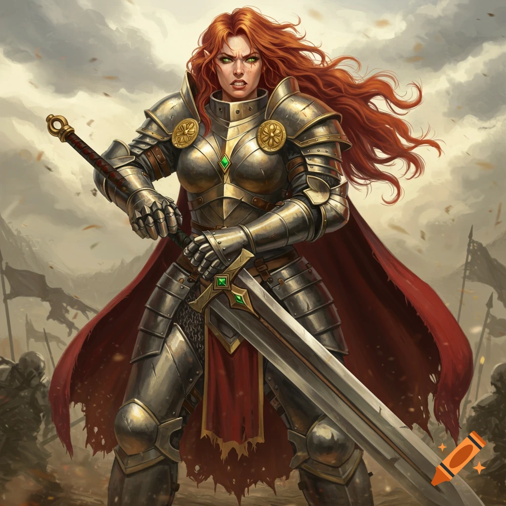 A female paladin in plate armor with red hair and green eyes, holding a great sword.
