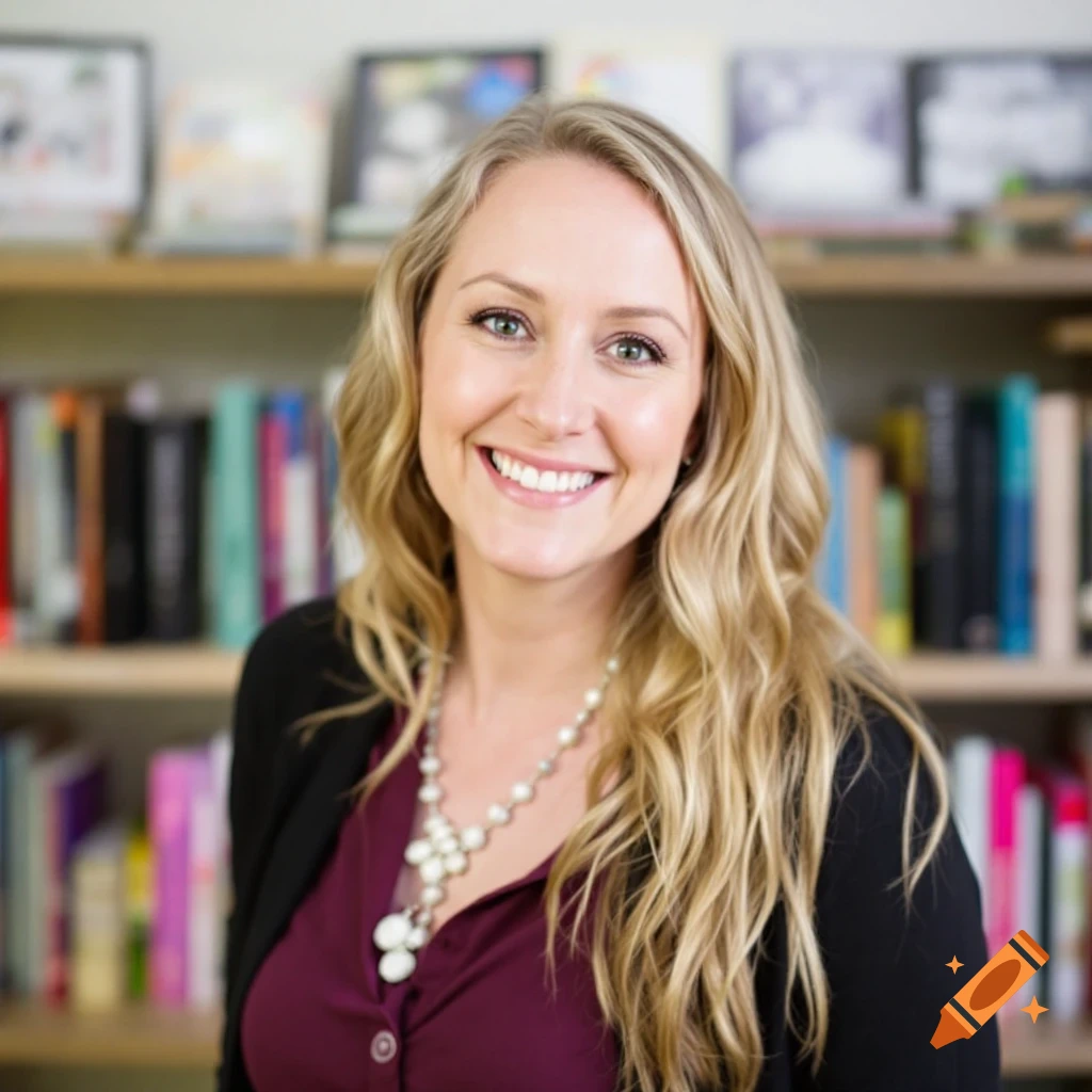 Portrait of a smiling woman with blonde hair and a pearl necklace in front of a bookshelf