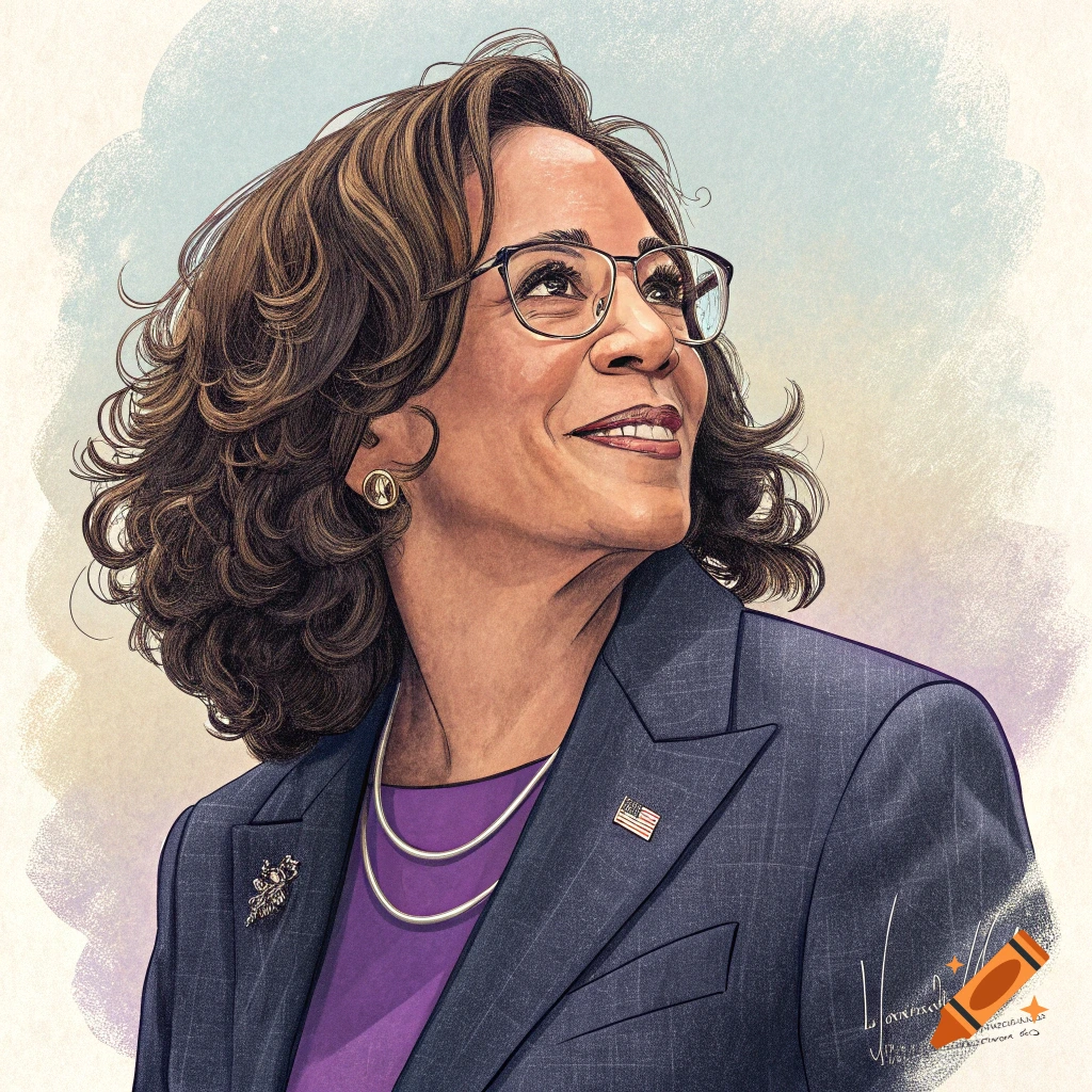 Illustrated portrait of Kamala Harris looking up and smiling, wearing a suit and glasses.