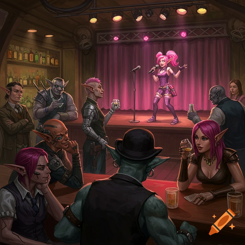 A pink-haired elf sings on a stage in a futuristic bar packed with diverse fantasy and sci-fi patrons.