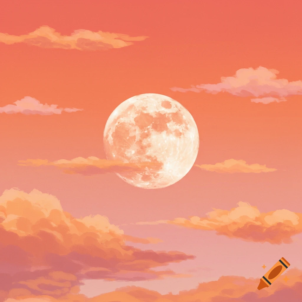 A large orange moon in an orange sky surrounded by clouds.