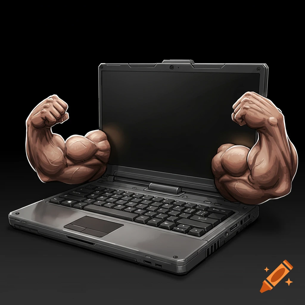 A laptop with beefy, flexing arms coming out of the sides.