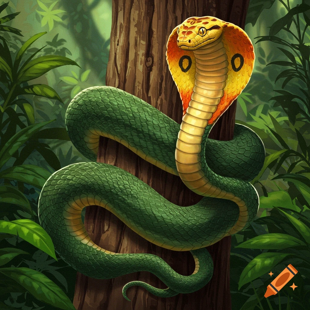 A green and yellow cobra is coiled around a tree in a jungle.