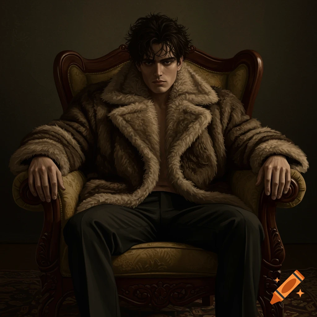 Painting of a man wearing a large fur coat sitting in an ornate chair.