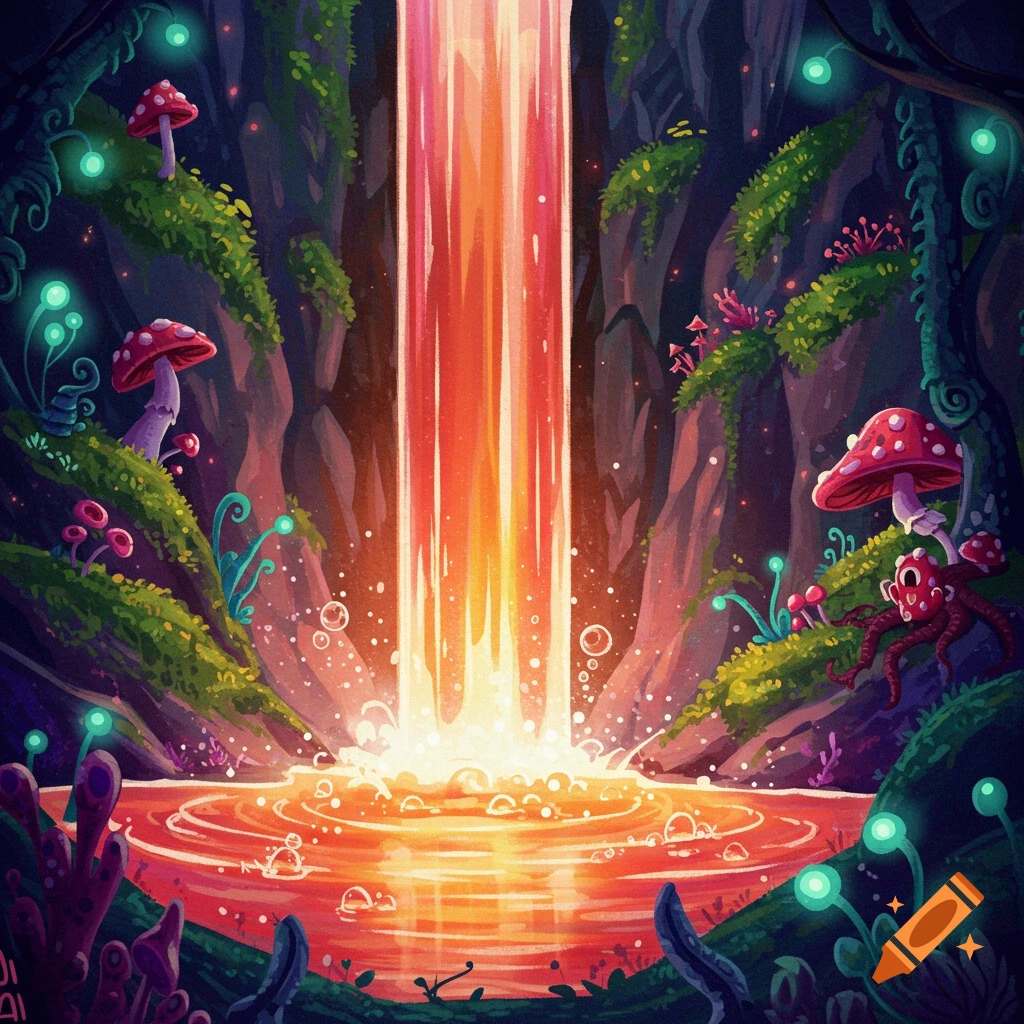 A glowing waterfall in a fantasy forest with giant red mushrooms and bioluminescent plants.