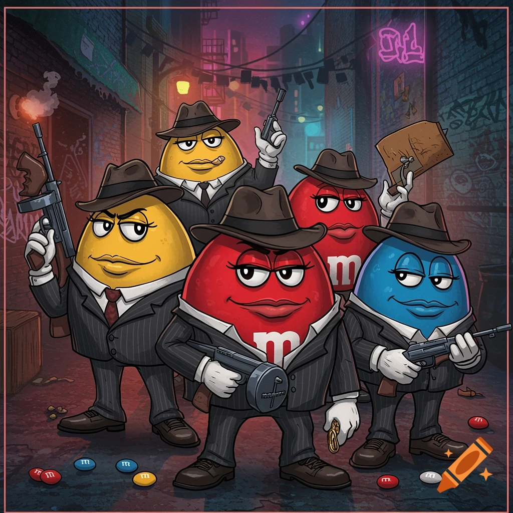 In a dark alley, anthropomorphic M&Ms dressed as gangsters with tommy guns appear in a comic book style.