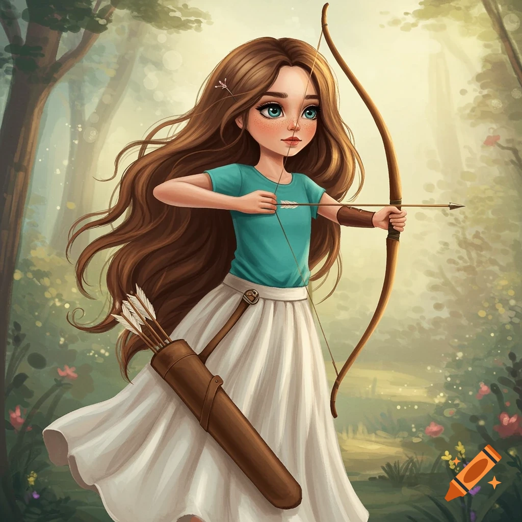 A young girl archer with long brown hair, teal shirt, white skirt, holding a bow in a fairytale forest.