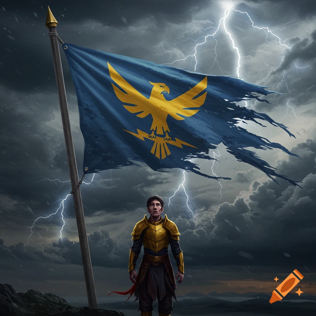 Warrior stands under a torn flag with golden eagle symbol during a stormy lightning sky