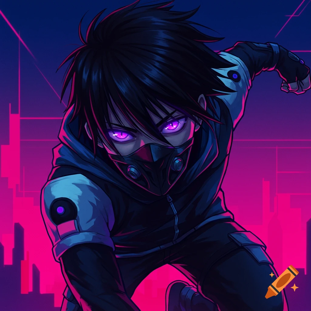 Anime boy with purple eyes and mask in a dark cyberpunk setting.
