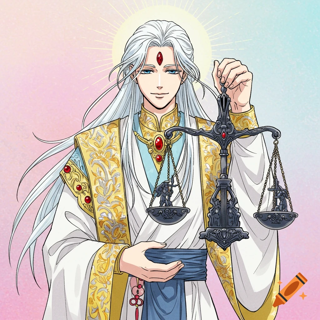 Manga drawing of a white-haired deity holding scales.