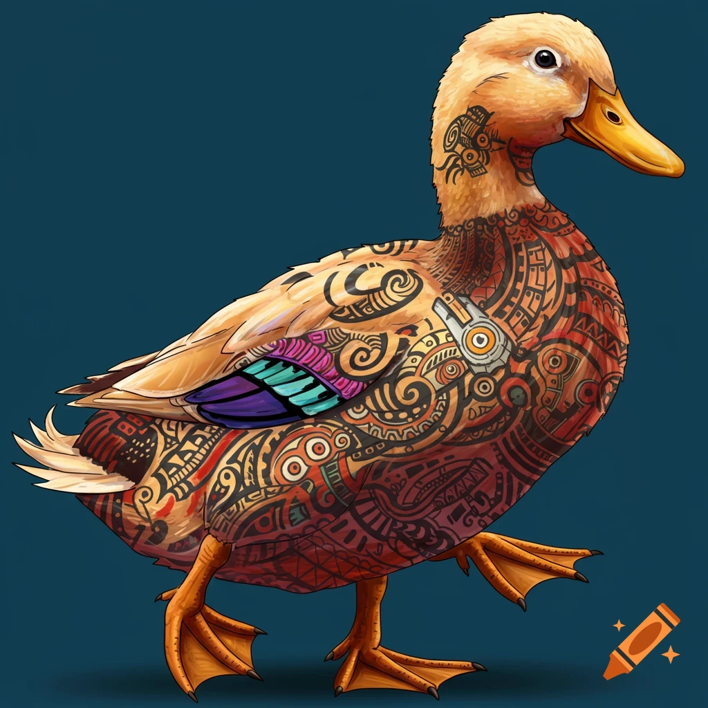 A duck covered in intricate tribal-style tattoos.