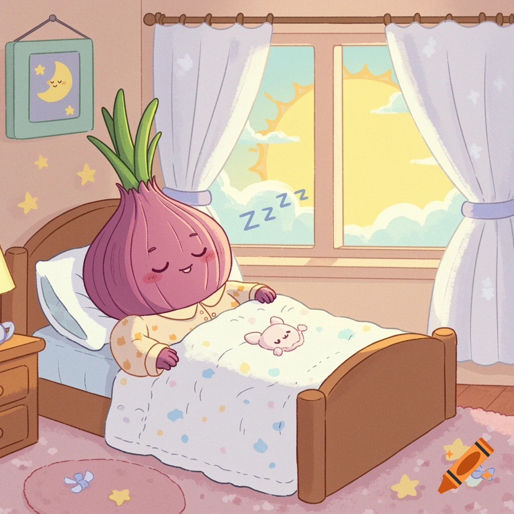 Cartoon illustration of an anthropomorphic onion sleeping in bed in a sunny room.