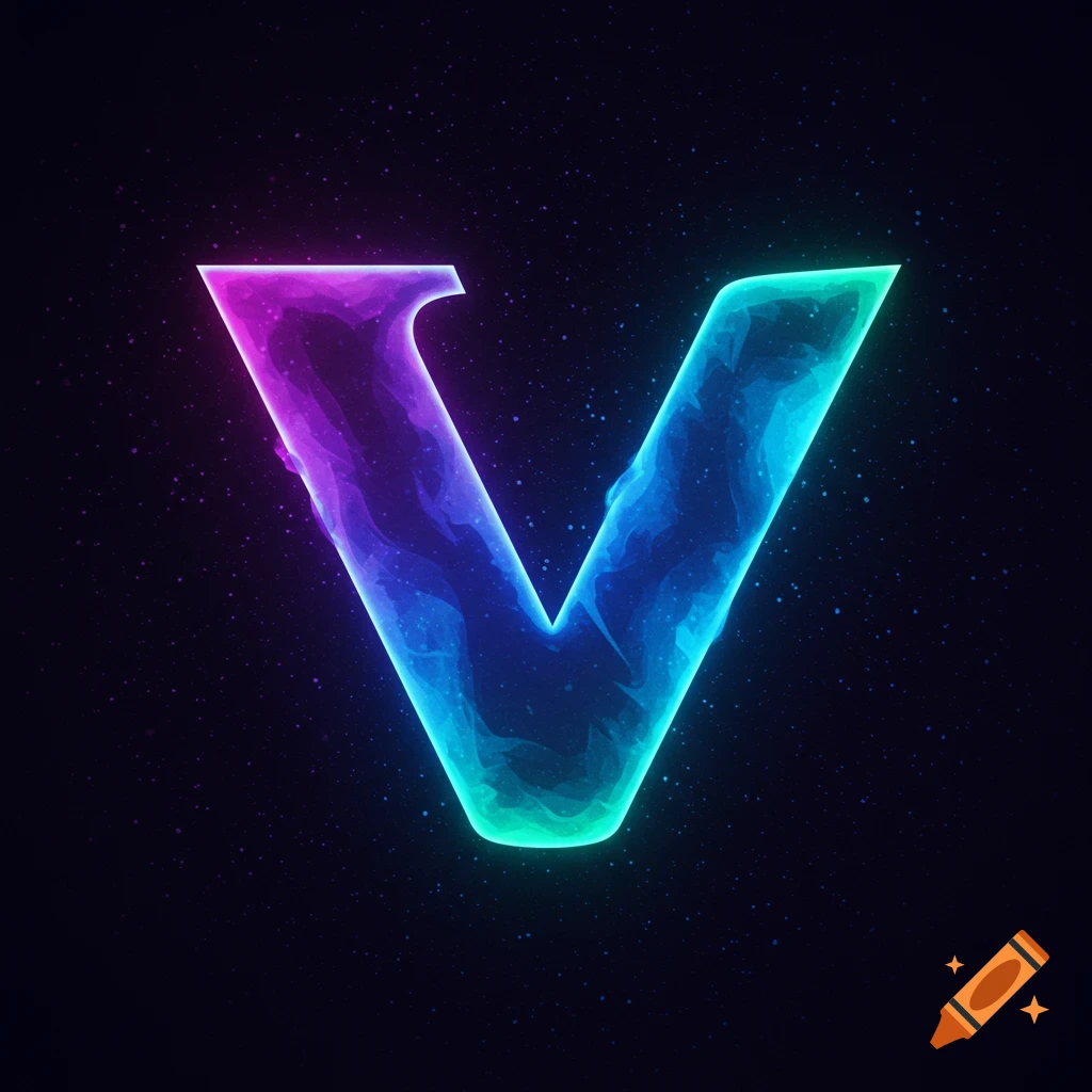 A glowing purple and blue letter V on a dark, starry background.