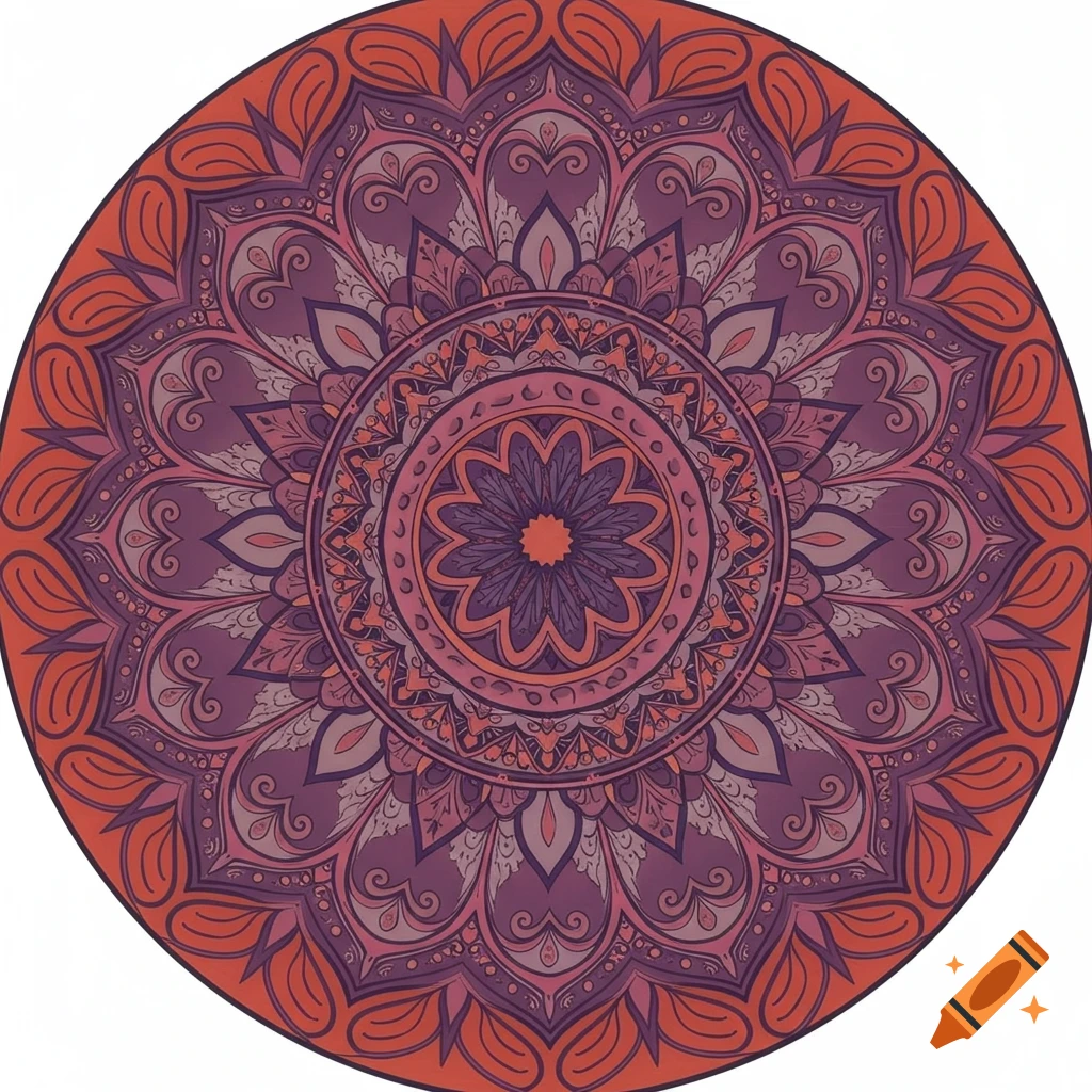 A colorful mandala with intricate patterns in purple, pink, and orange.