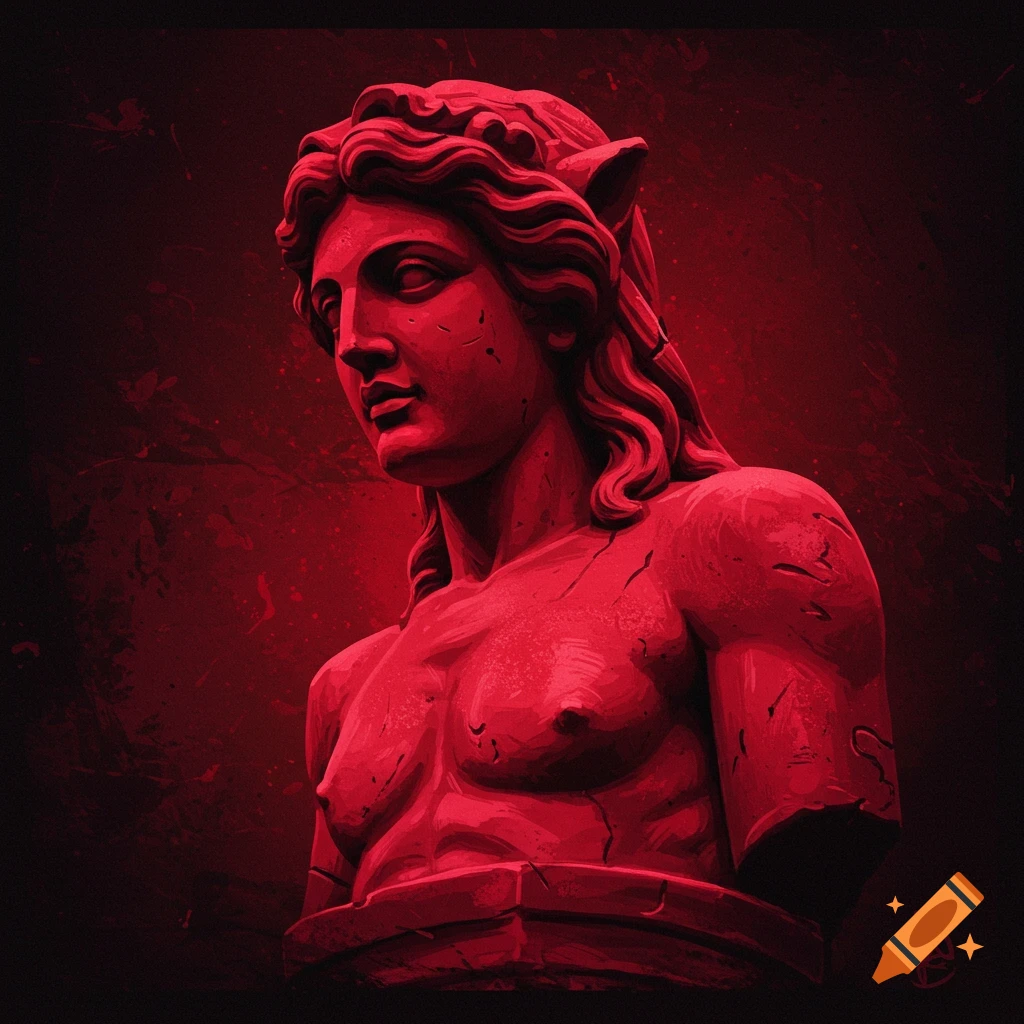 Red statue bust against a dark background