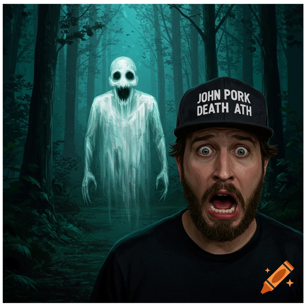 A scared man wearing a cap looks at a spooky ghost in a dark forest.