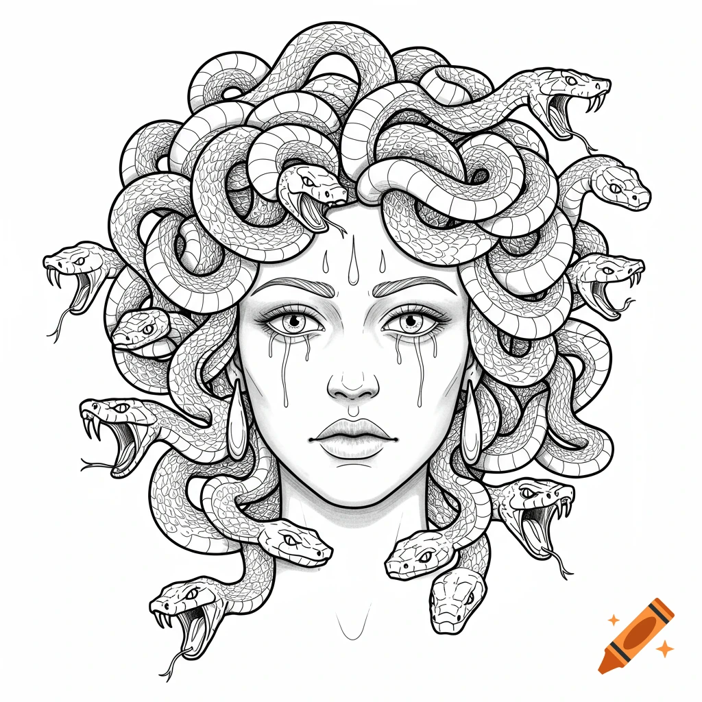 Line art portrait of Medusa with snakes for hair