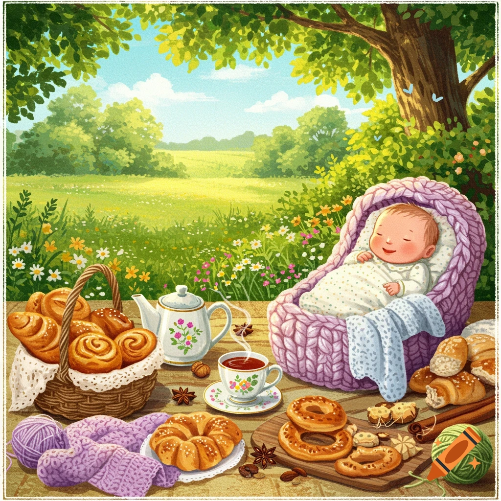 Whimsical depiction of a baby sleeping in a knitted basket, surrounded by pastries and yarn in a garden.