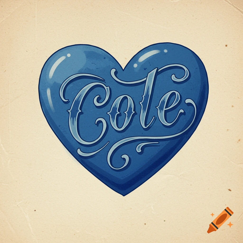 A blue heart with the name "Cole" in fancy script, stylized like an old school tattoo.