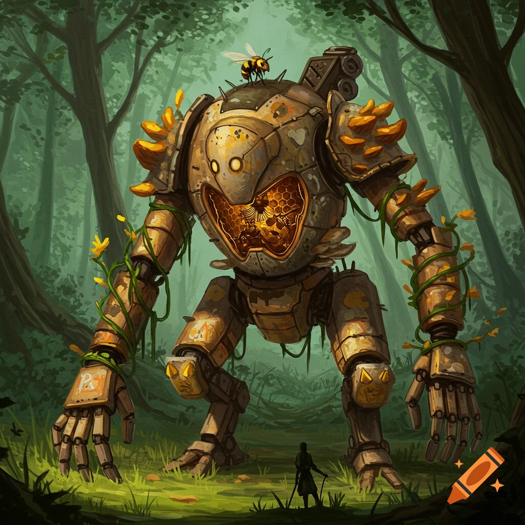 A large rusted robot covered in vines and a beehive, standing in a forest with a small person looking up at it.