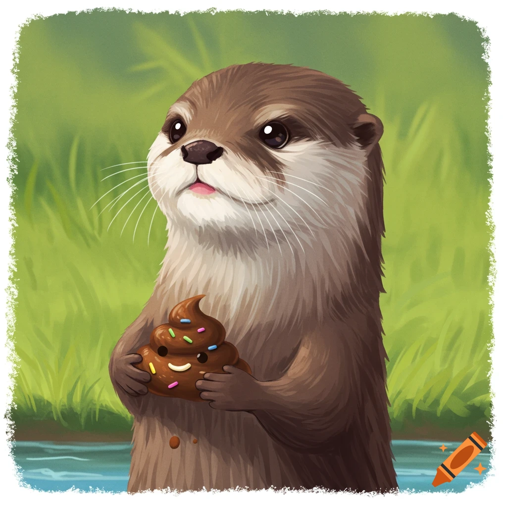 A cartoon otter holding a smiling poop with sprinkles.