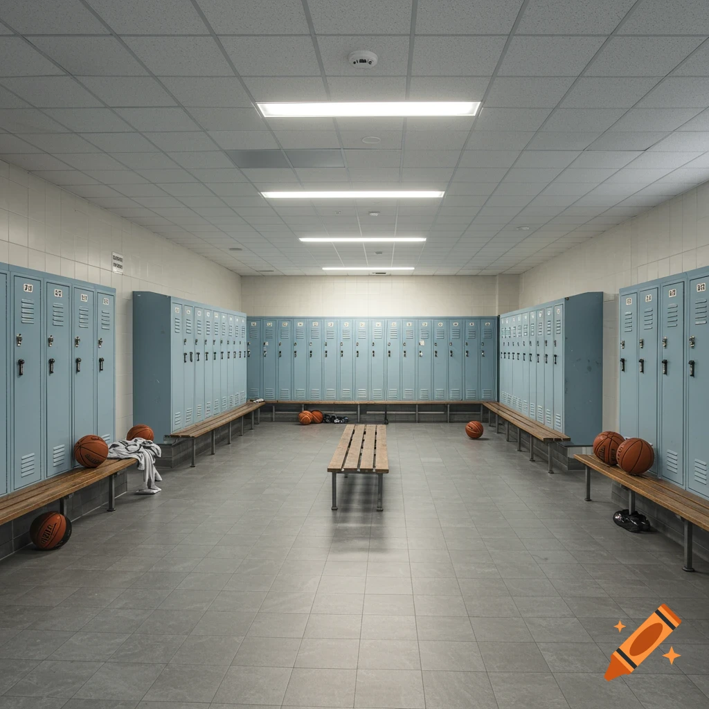 An empty locker room with rows of blue lockers, wooden benches, and basketballs on the floor.