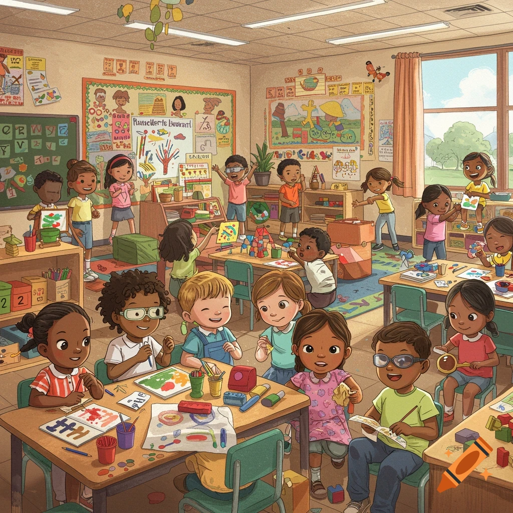 Colorful classroom with diverse children on Craiyon