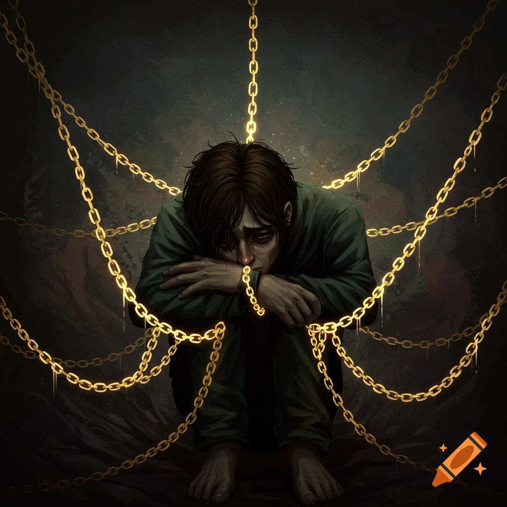 A person sits, bound by glowing golden chains, looking distressed.