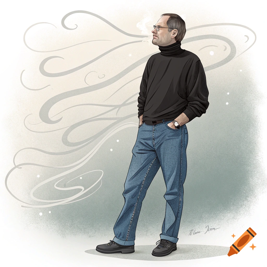 Illustration of a man resembling Steve Jobs in a black turtleneck and jeans, standing with swirling lines around him.