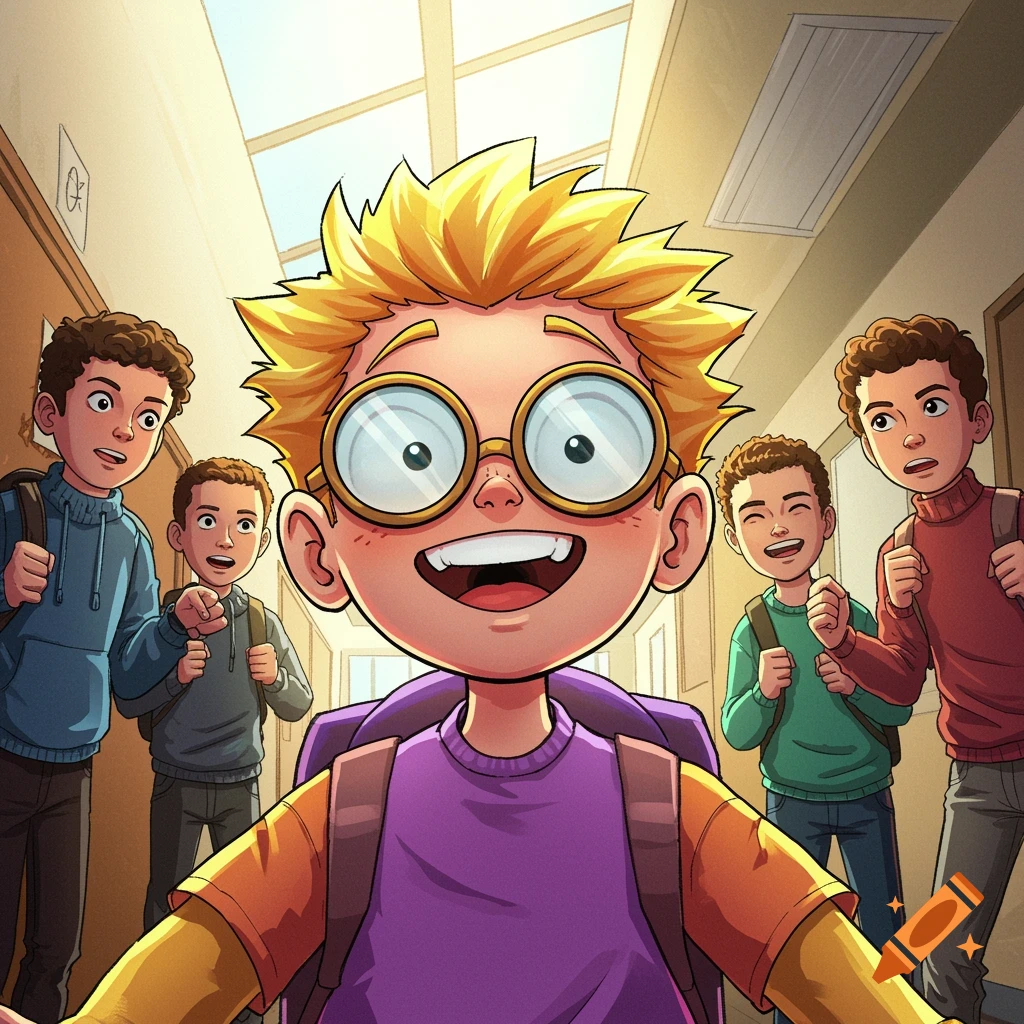 A brightly colored cartoon of a smiling boy with glasses in a school hallway surrounded by other boys.