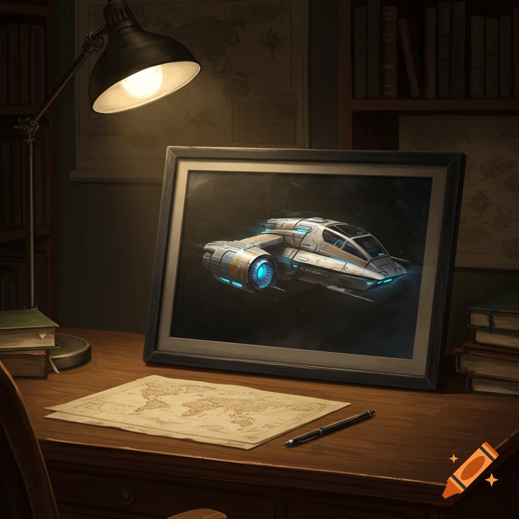 A spaceship in a frame on a desk with maps and books.