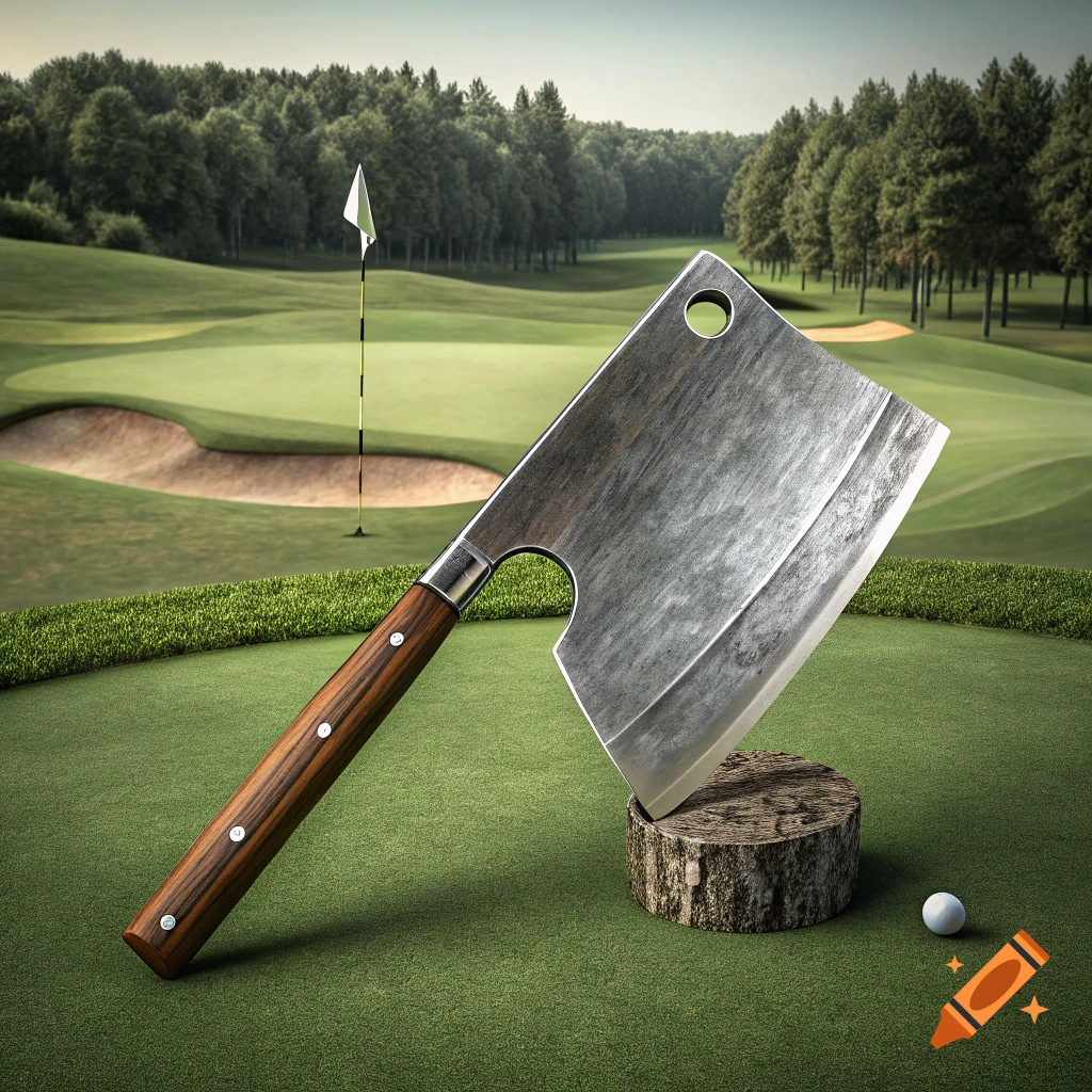 A large meat cleaver stuck in a log on a golf green with a golf ball nearby.