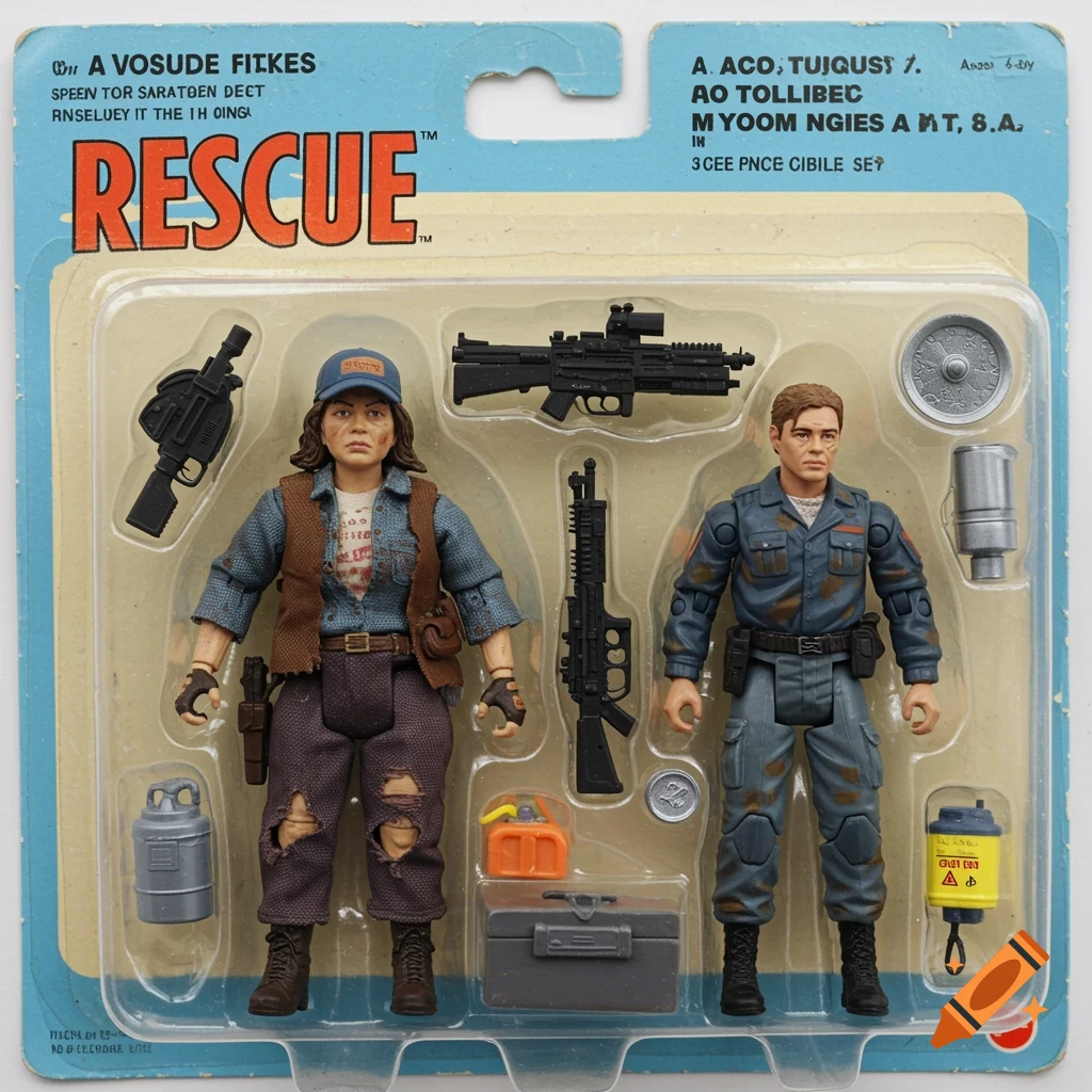 Two action figures and accessories in vintage-style blister packaging titled 'RESCUE'.