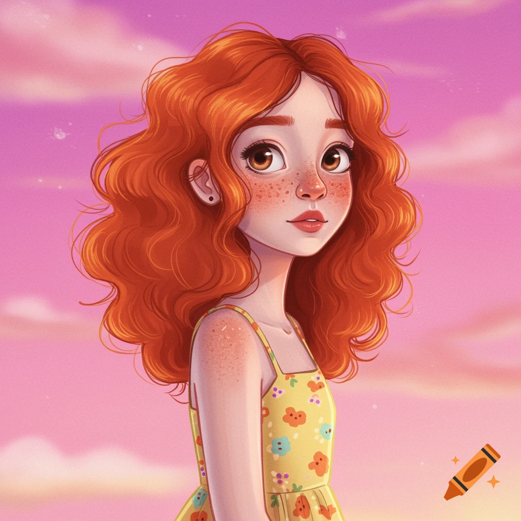 Illustration of a girl with red hair and blue eyes in a blue dress ...