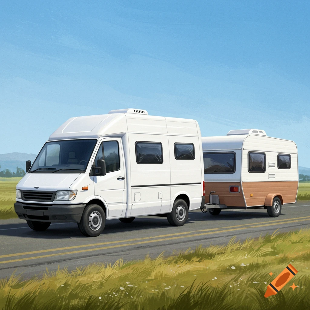 A white van pulling a small brown and white trailer on a road through a grassy field under a blue sky.
