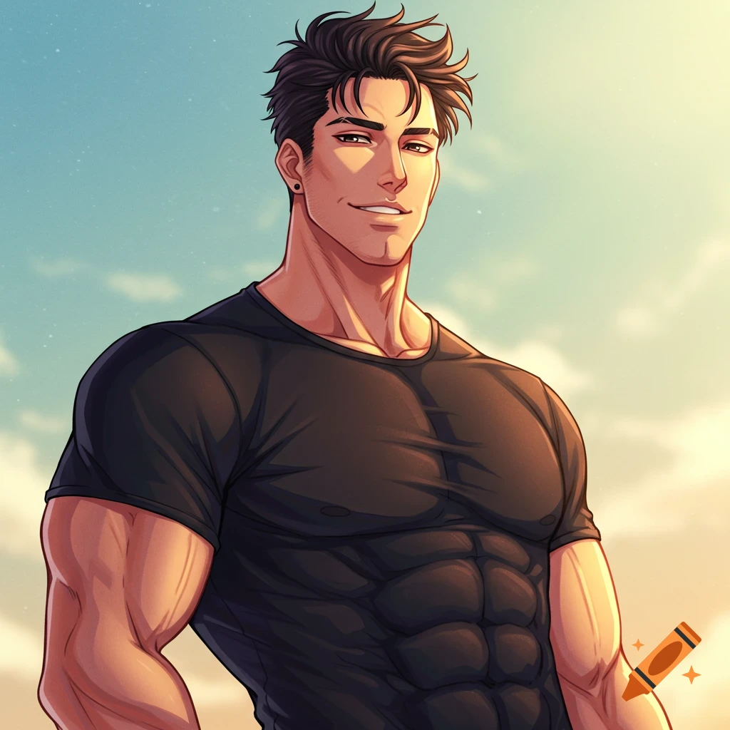 Anime portrait of a muscular man in a black t-shirt smiling against a sky background.
