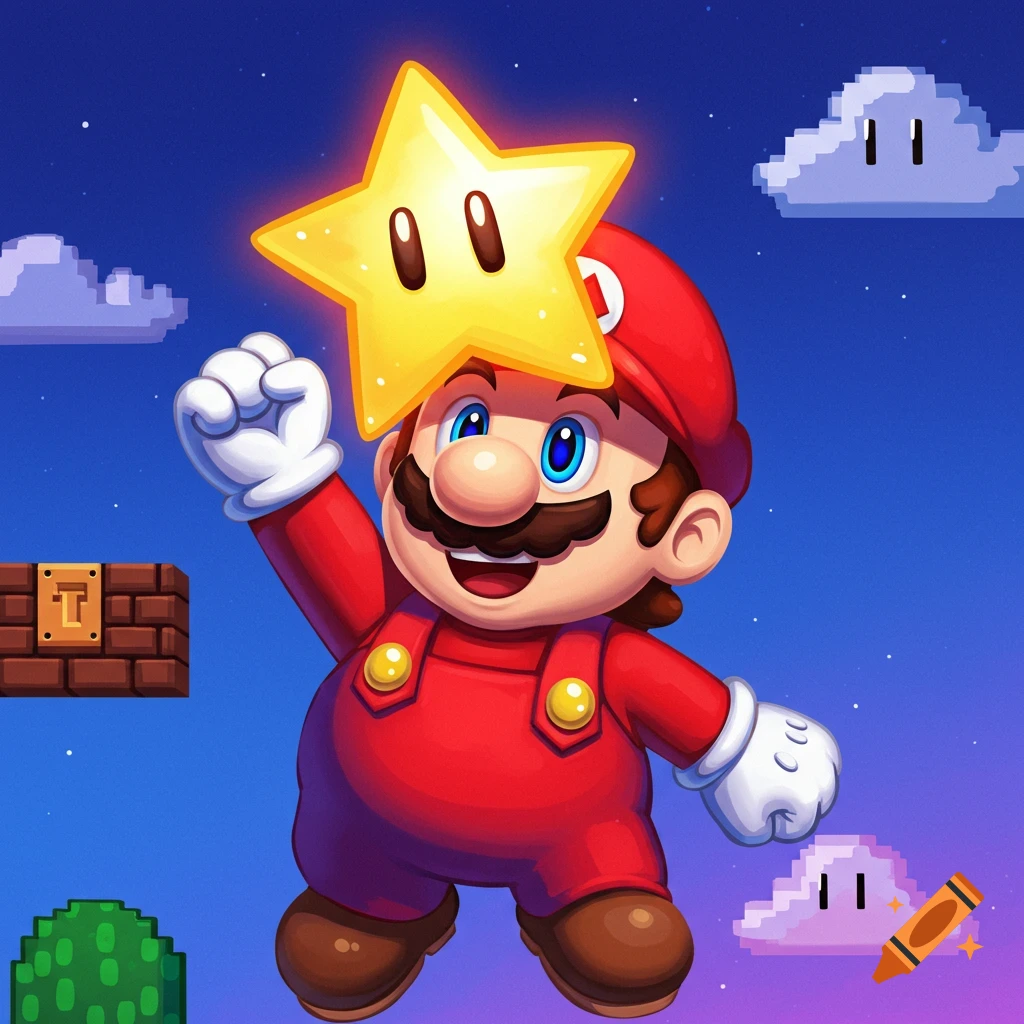 Super Mario jumping with a Super Star on his head in a pixelated world.