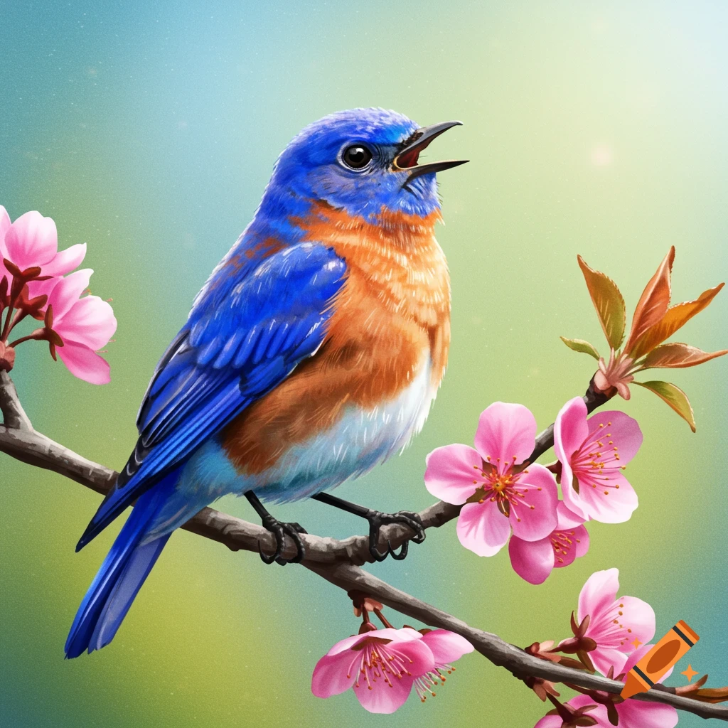 A bluebird singing on a branch with pink cherry blossoms.