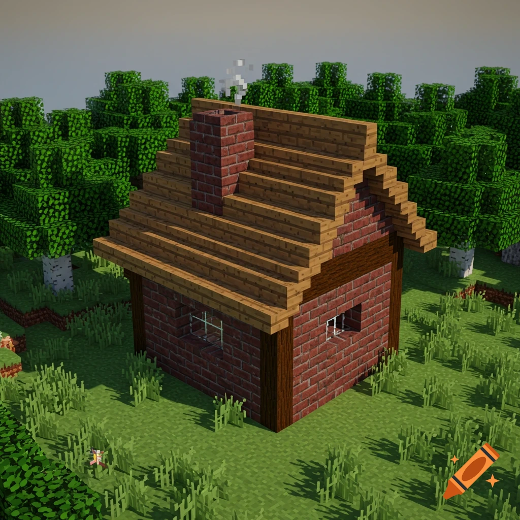 A blocky house made of brick and wood planks in a Minecraft-style landscape with trees and grass.