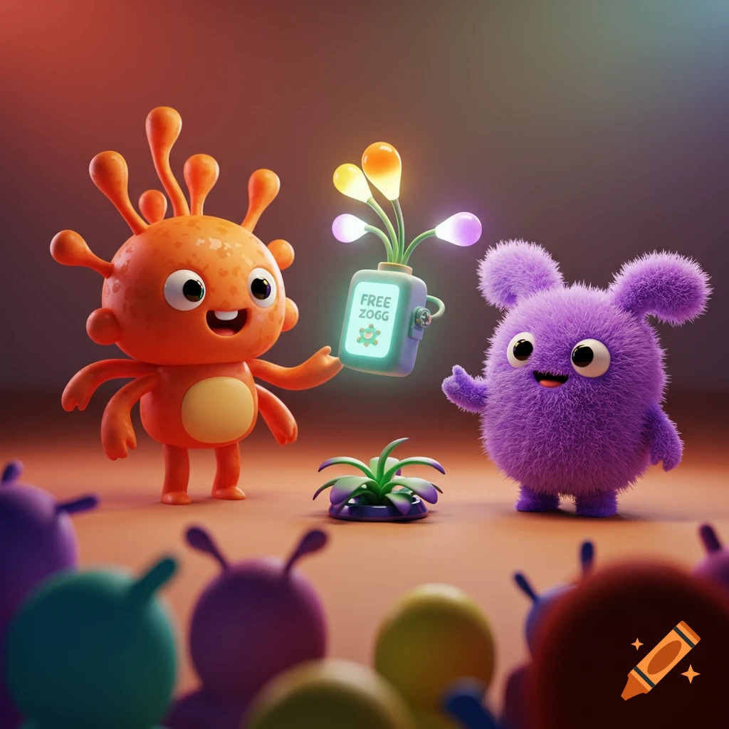 Two cute monsters hold a glowing object for a crowd of smaller monsters in a 3D render