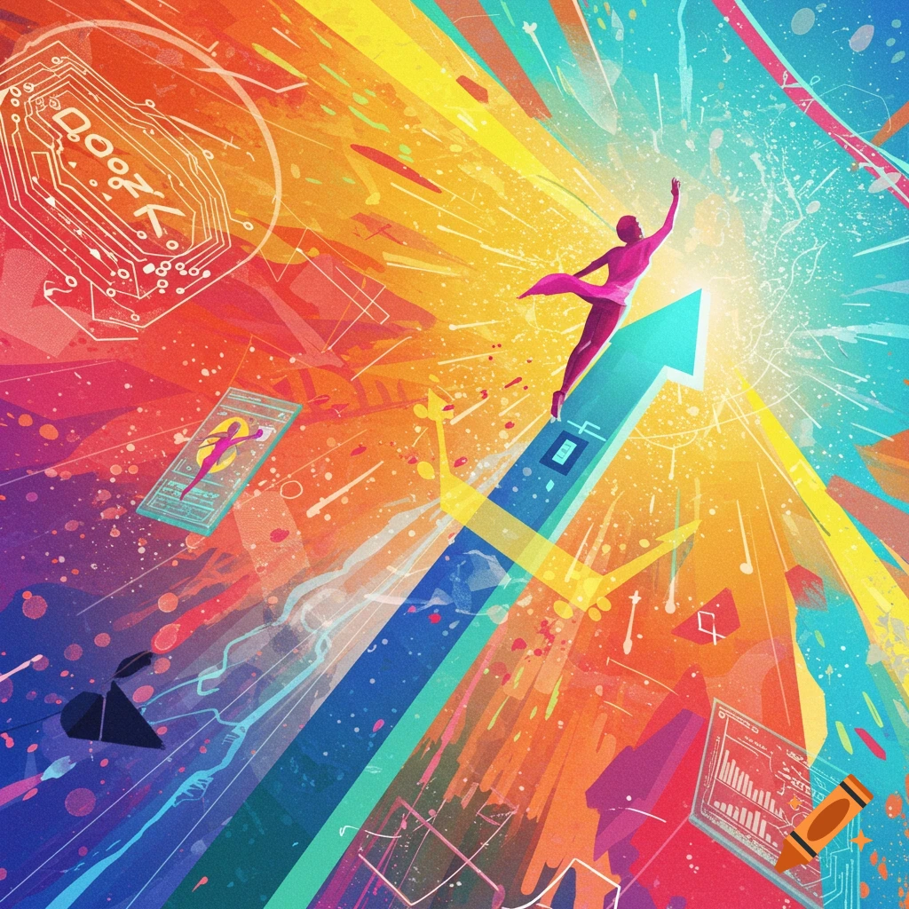 A figure rides an upward arrow amid bright, abstract shapes.