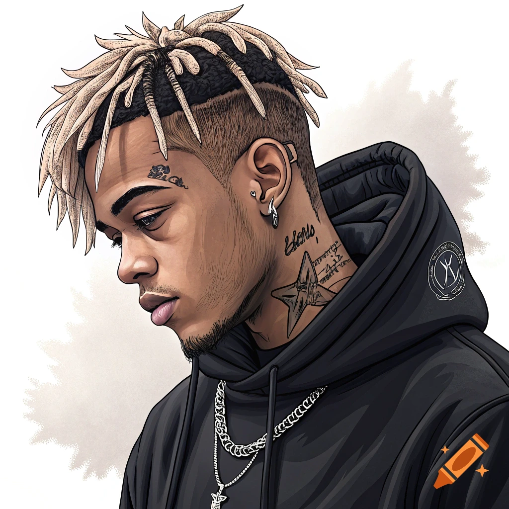 Stylized illustration of a young man with dreadlocks, tattoos, and chain wearing a black hoodie.